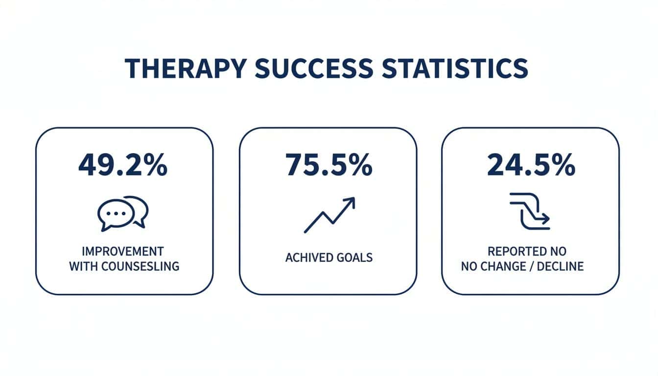 Infographic displaying therapy success statistics: 49.2% improvement with counseling, 75.5% achieved goals, and 24.5% reported no change.