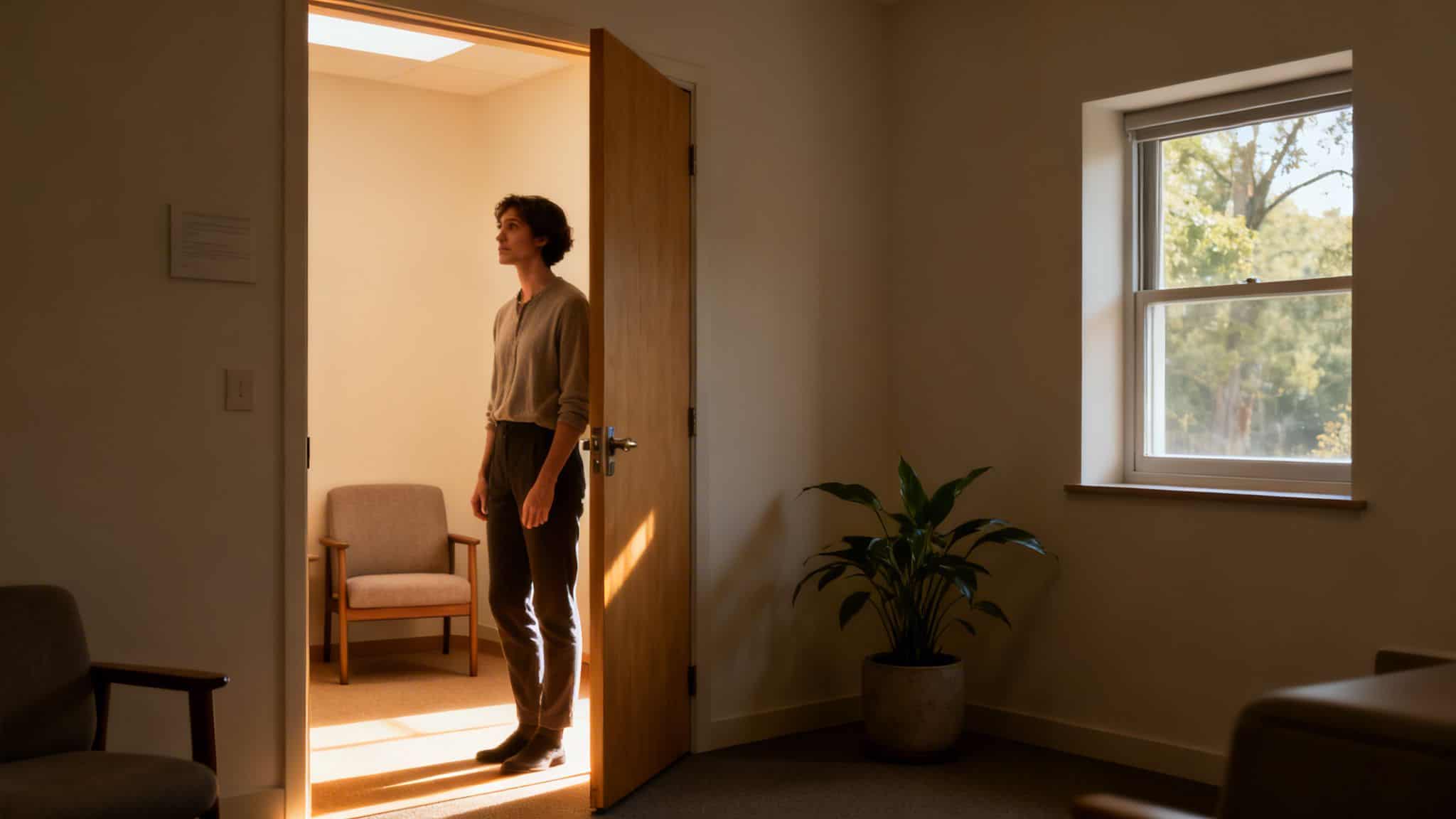 A young person stands in a sunlit doorway, looking thoughtfully into a modern waiting room.