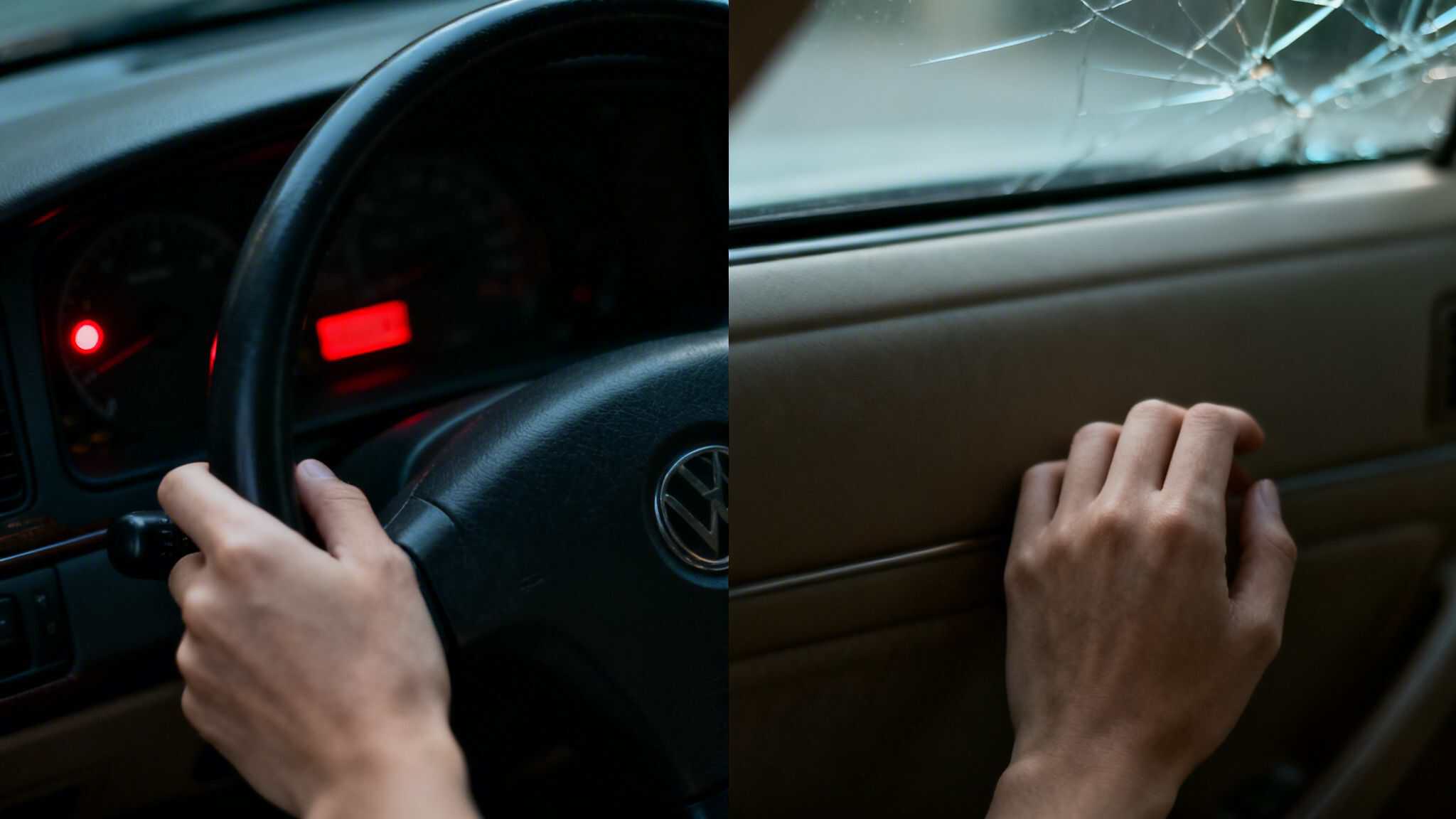 A split image shows hands on a car's steering wheel and a hand next to a severely cracked window.