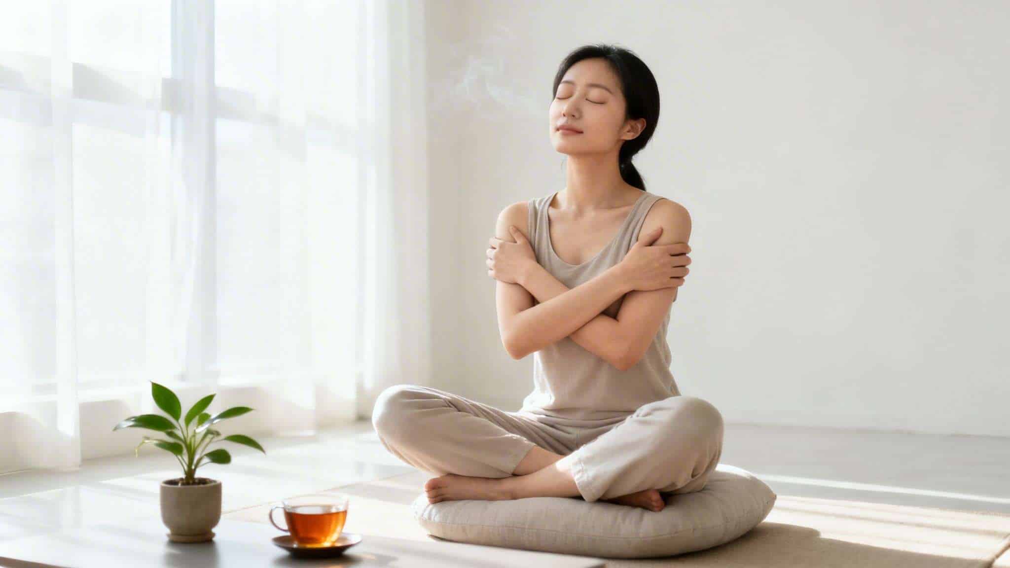 Peaceful woman practices self-care, meditating in natural light, steam rising, with tea and plant.