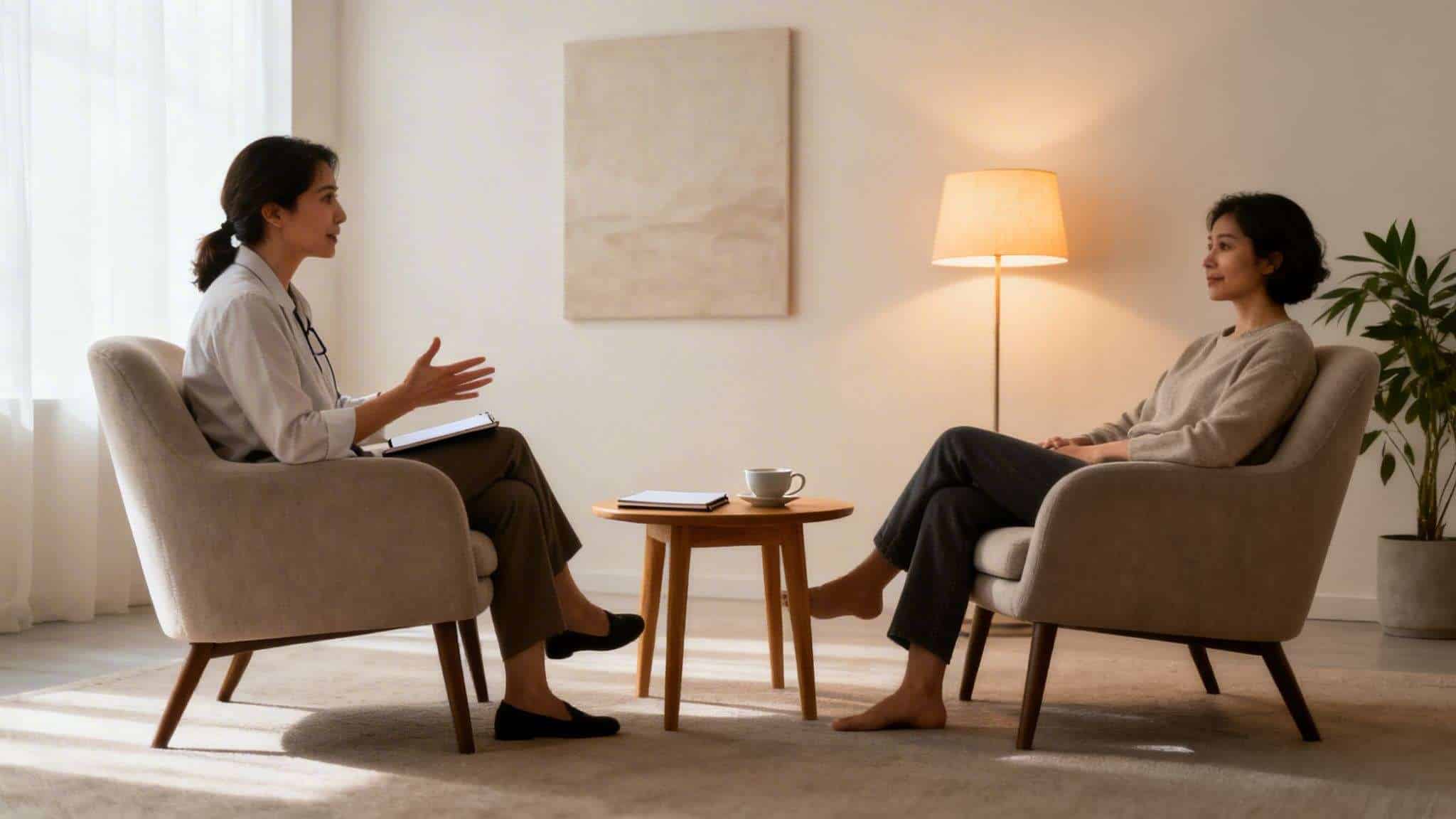 A therapist speaking to a client in a comfortable, modern room during a counseling session.