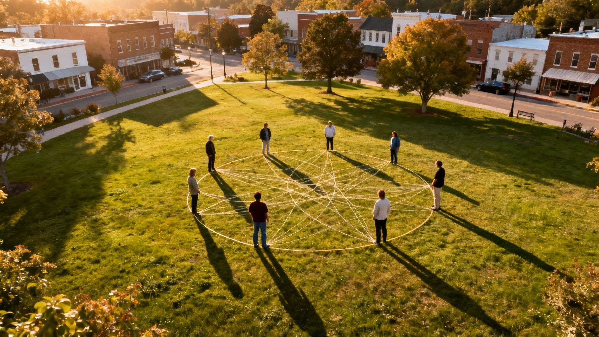 Eight people stand in a circle on a sunny green field, connected by white strings, with a small town in the background.