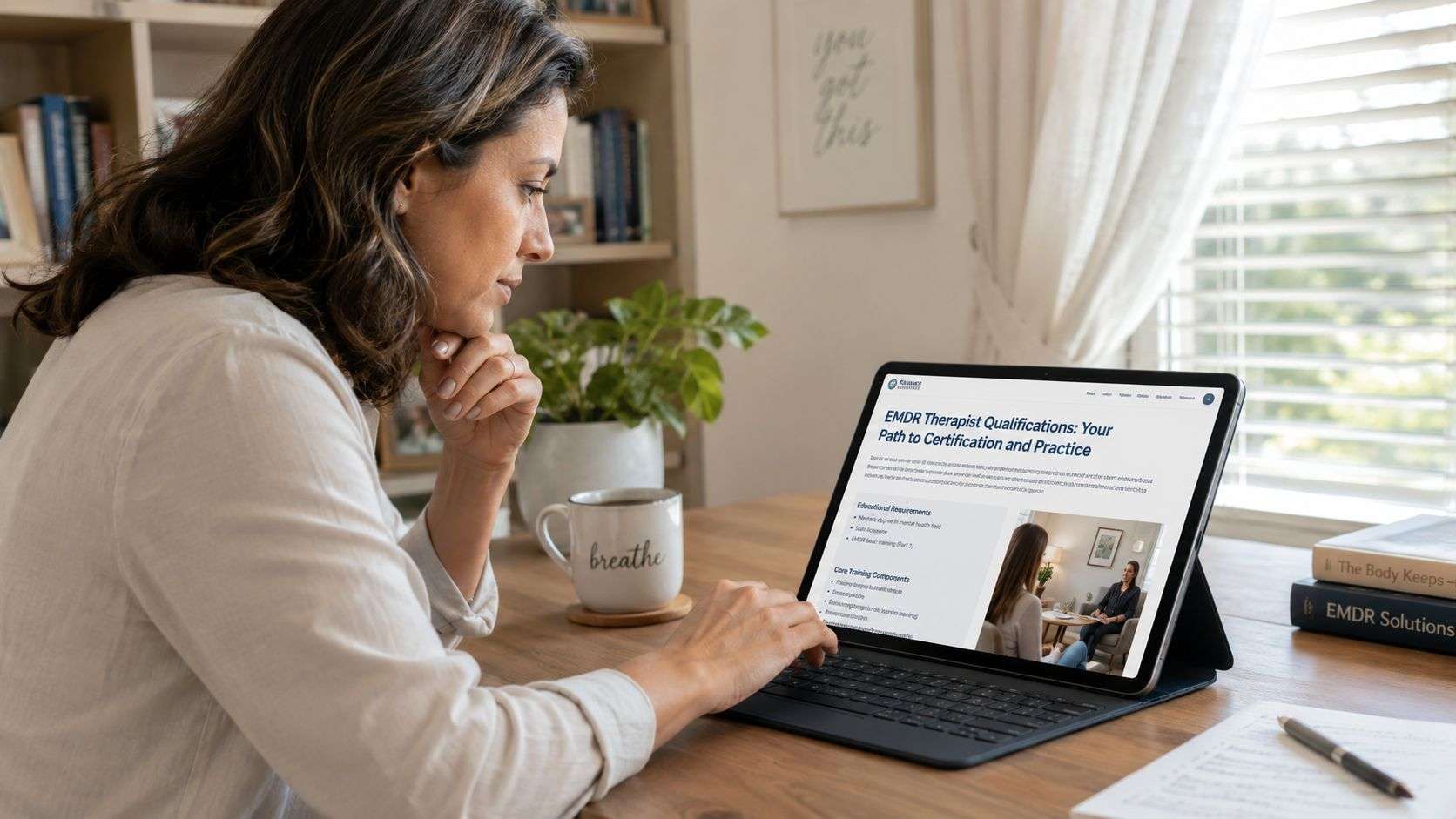 A woman working on a tablet device while learning about EMDR therapy certification requirements.