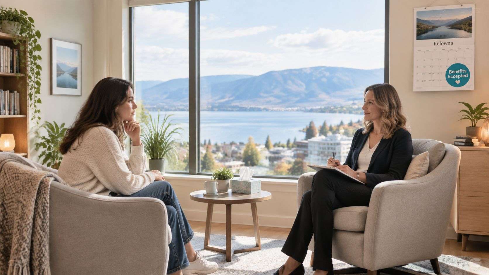 A professional therapist provides counselling to a female client in a bright office overlooking Kelowna lake.