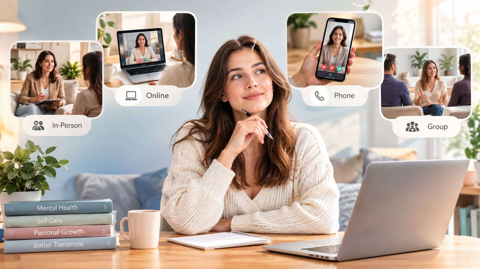 A woman thinking about different therapy options including in-person, online, phone, and group counseling services.