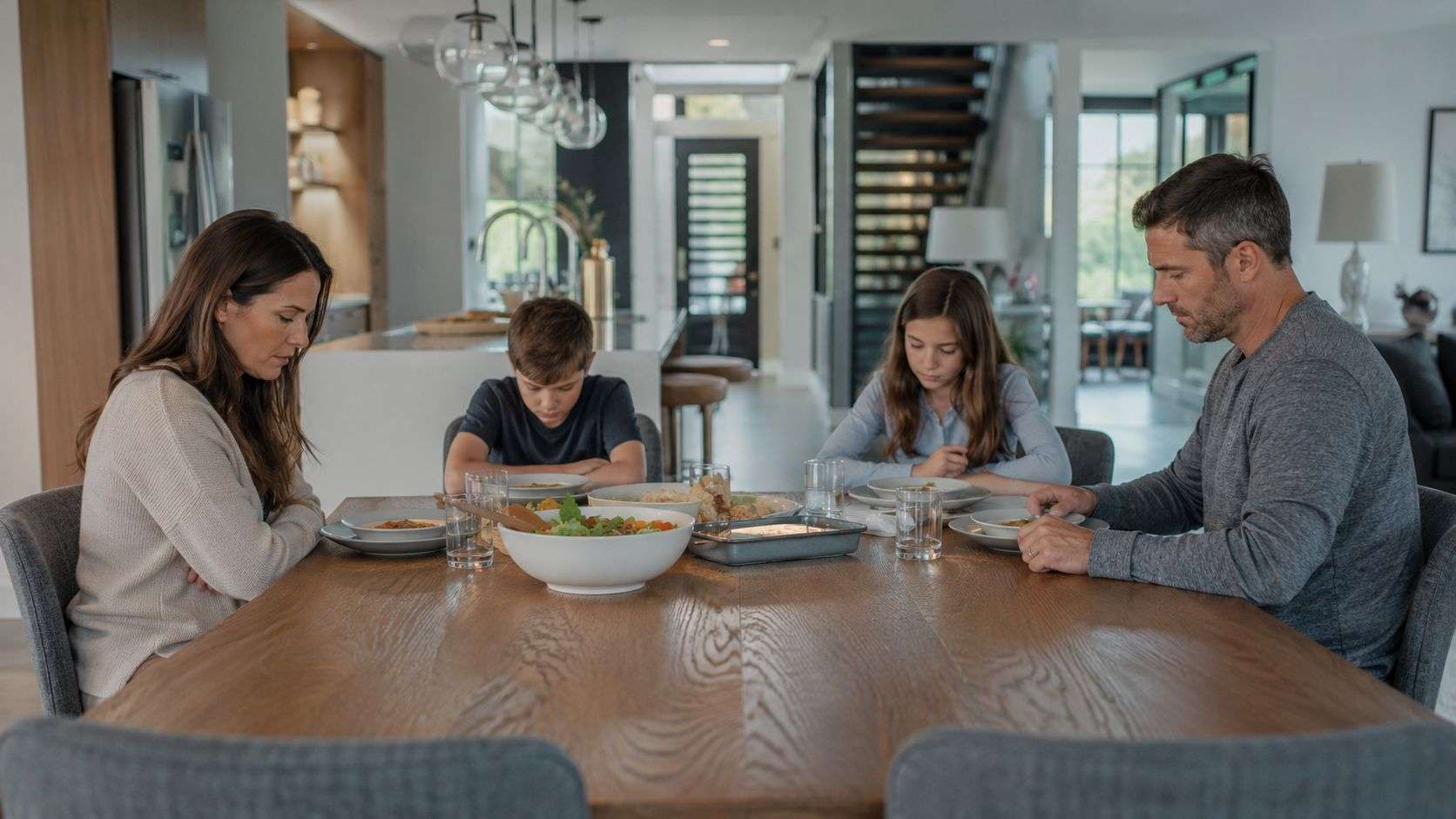 A family of four sits in silence at a wooden dining table, reflecting on connection.