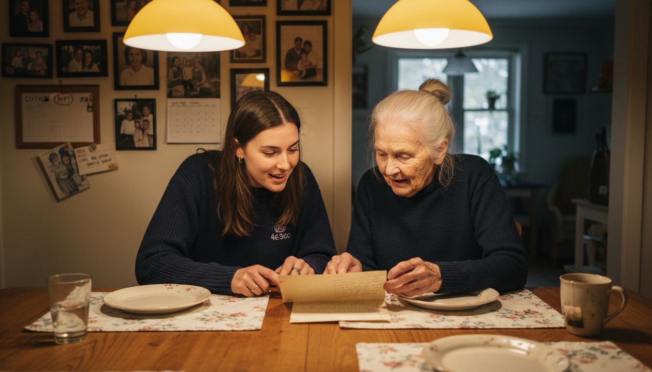Family discussing letter in warm kitchen