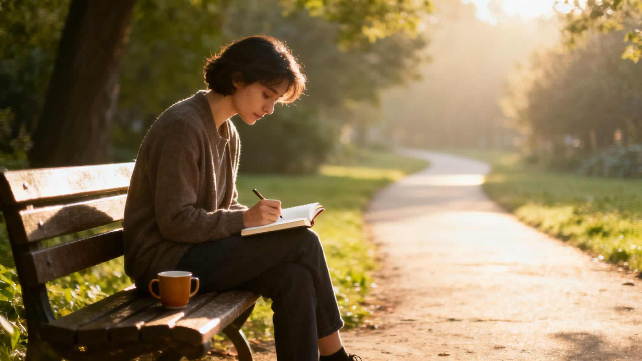 Young person with short hair writing in a notebook on a sunny park bench, with a mug.