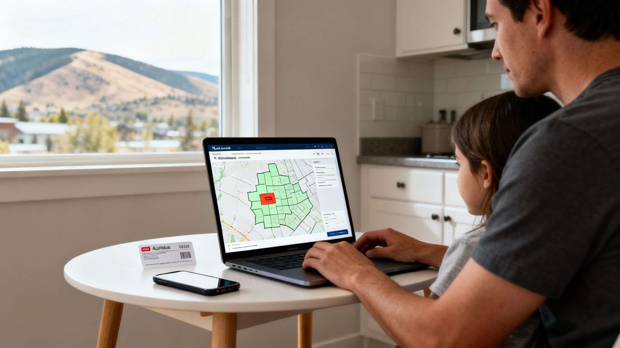 Father and child looking at a laptop displaying a school zoning map in a home.