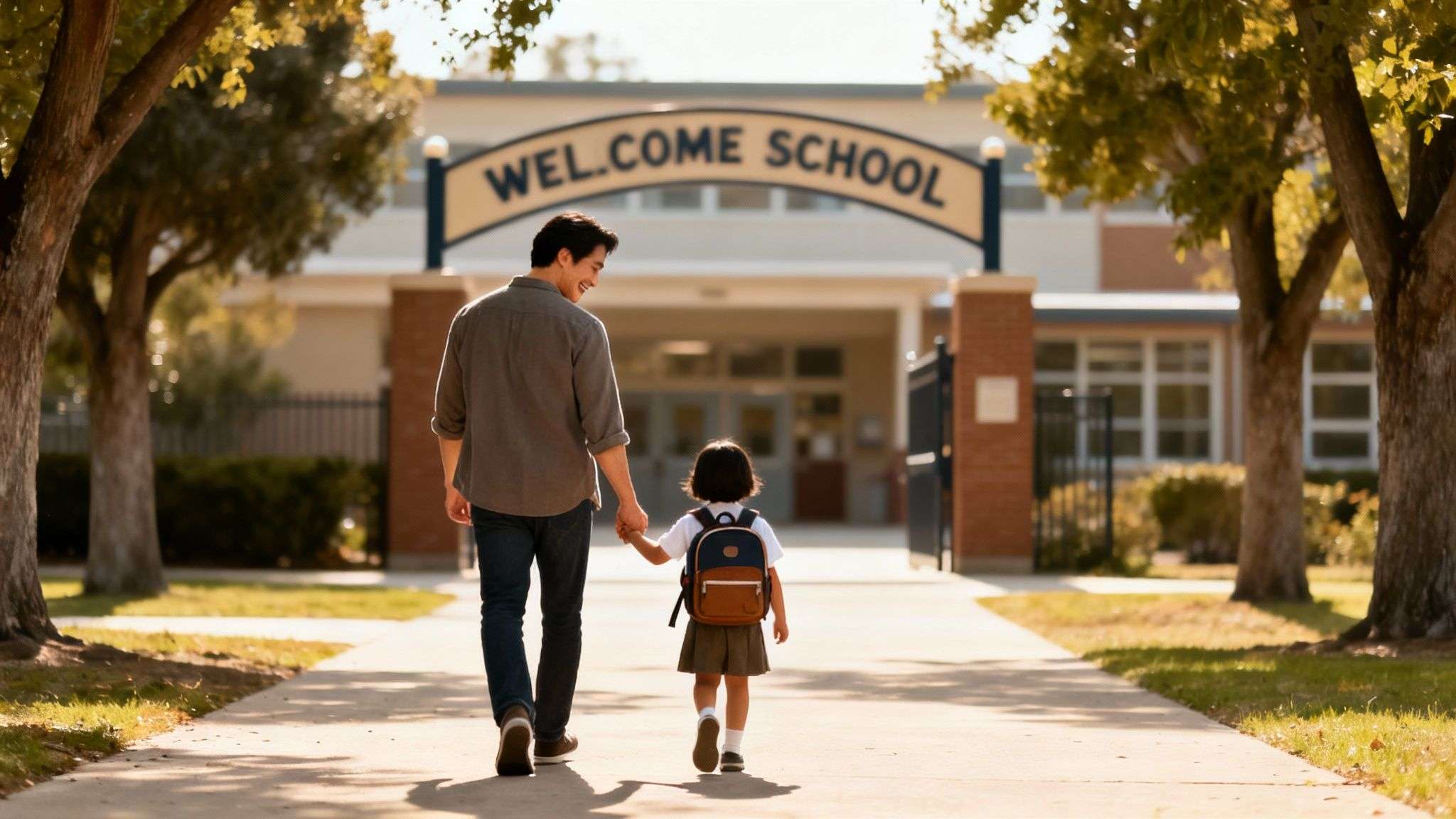 Father and daughter smiling, walking hand-in-hand towards 'WELCOME SCHOOL' building on a sunny path.