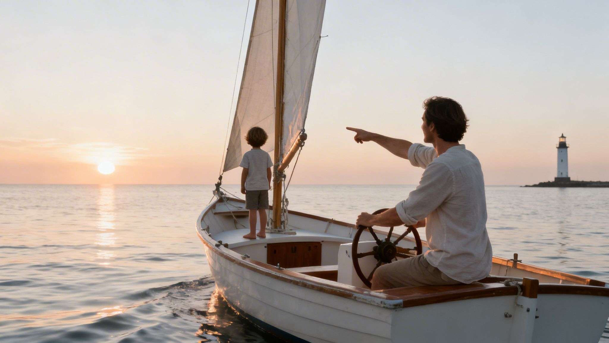 Father and son sail on a calm sea at sunset, father pointing towards a distant lighthouse.