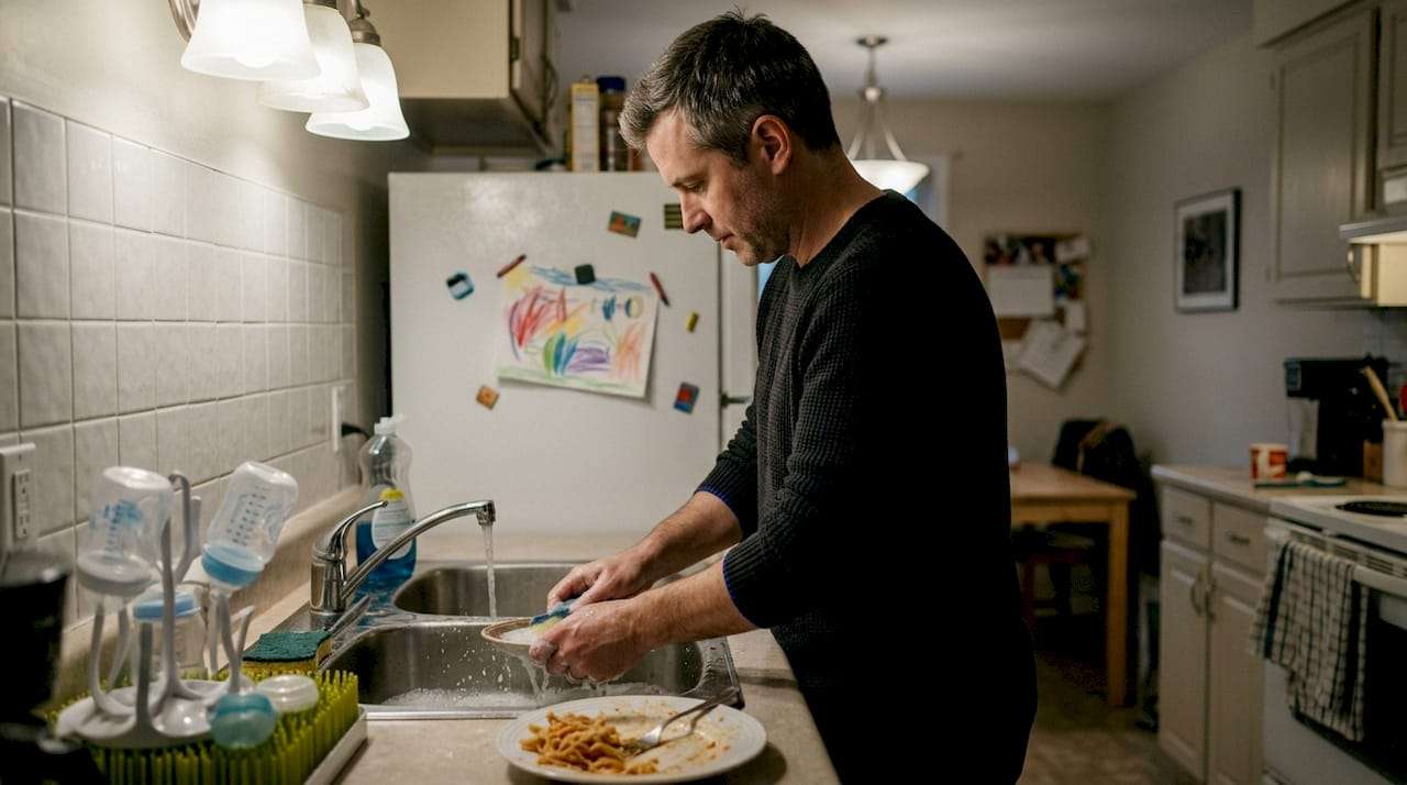 Father doing dishes in everyday family kitchen
