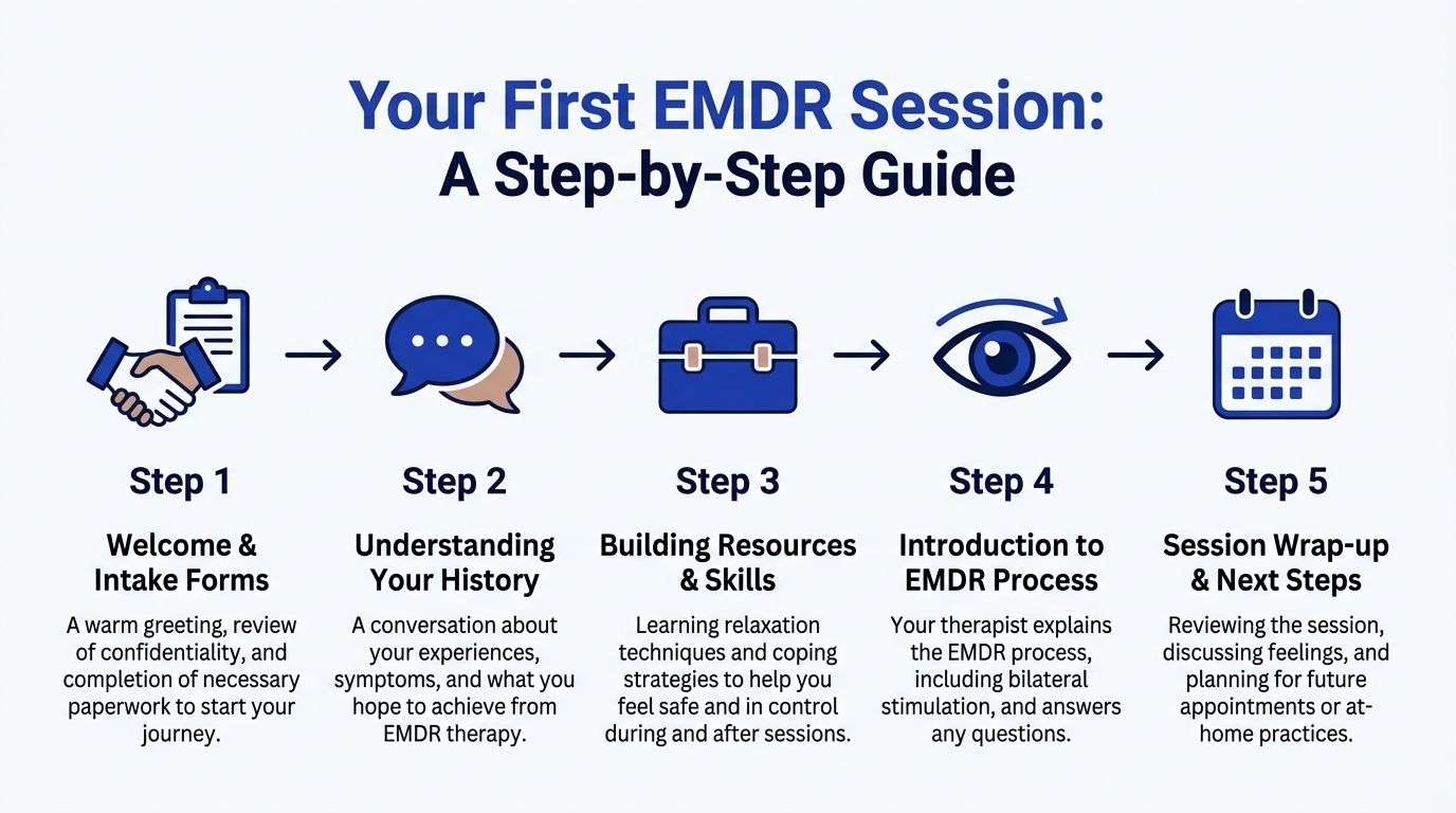 A five-step guide infographic explaining the process of a patient's first EMDR therapy session.