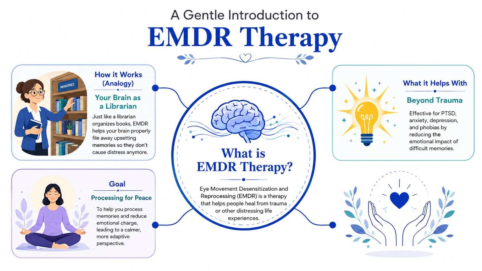 An infographic titled A Gentle Introduction to EMDR Therapy explaining its process, goals, and mental health applications.