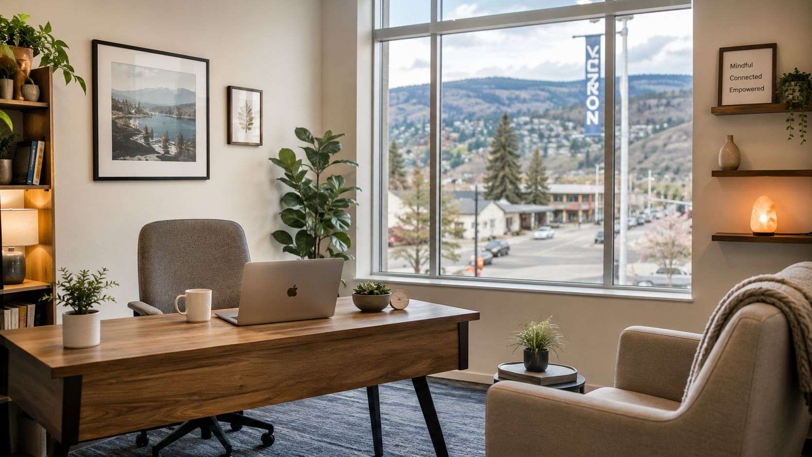 A modern and calm professional office setup with a desk and view overlooking downtown Vernon, British Columbia.