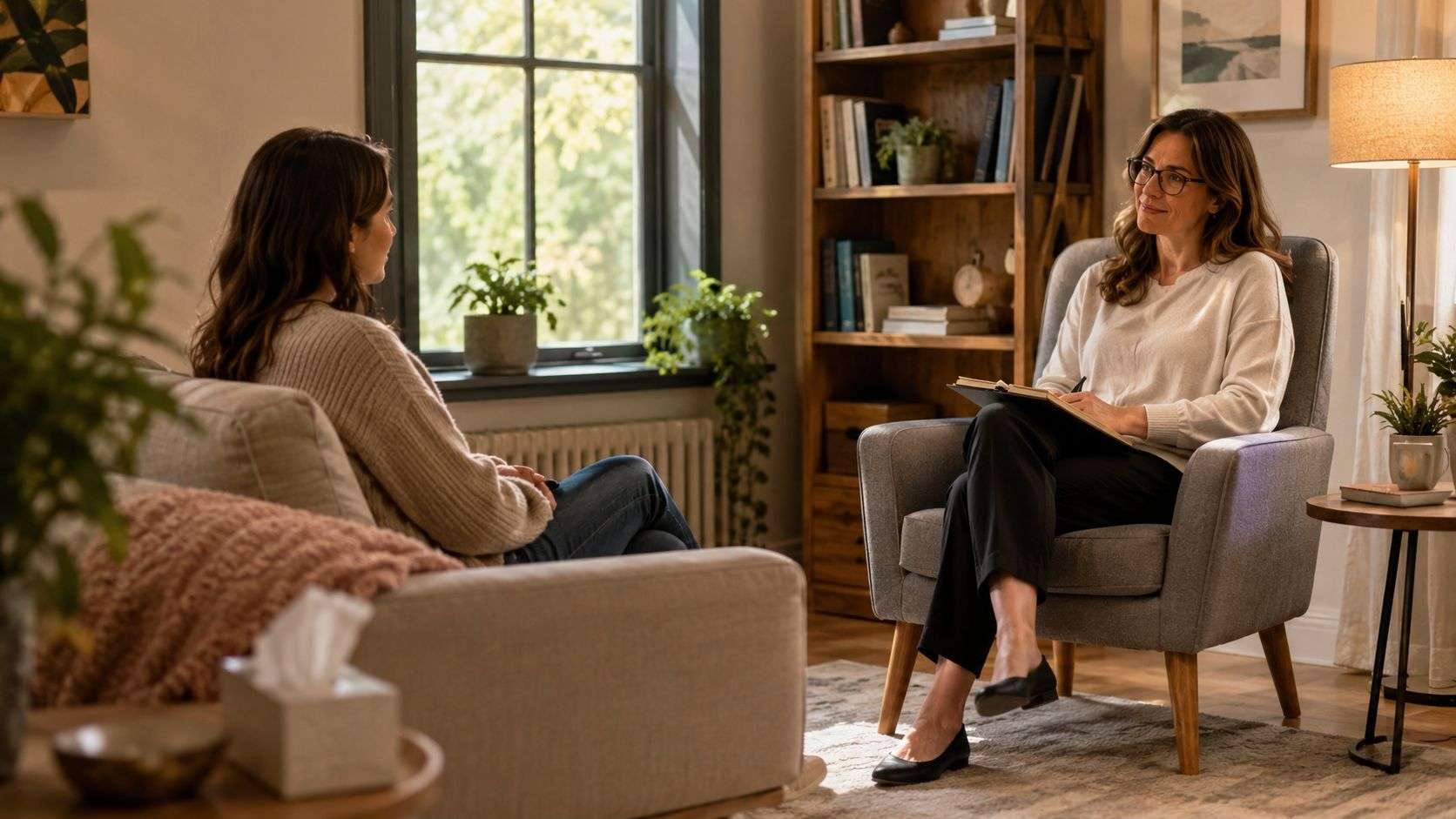 A professional therapist listens attentively to a patient during a counseling session in a cozy office setting.