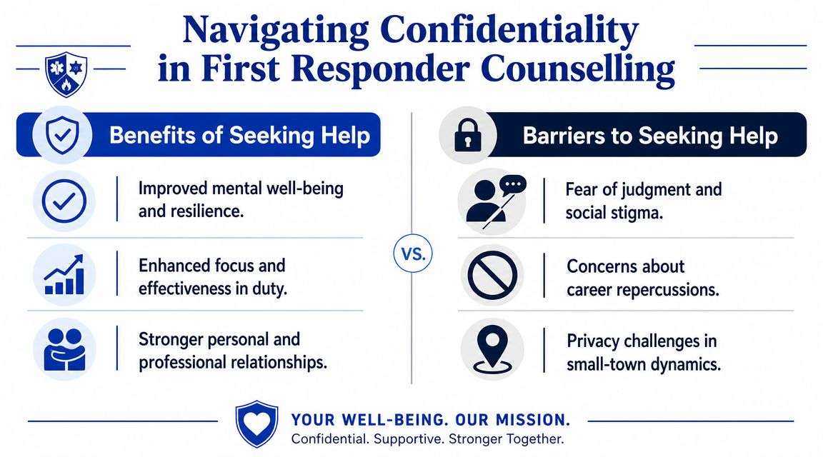 An infographic comparing the benefits of seeking help against the barriers to seeking help for first responders.