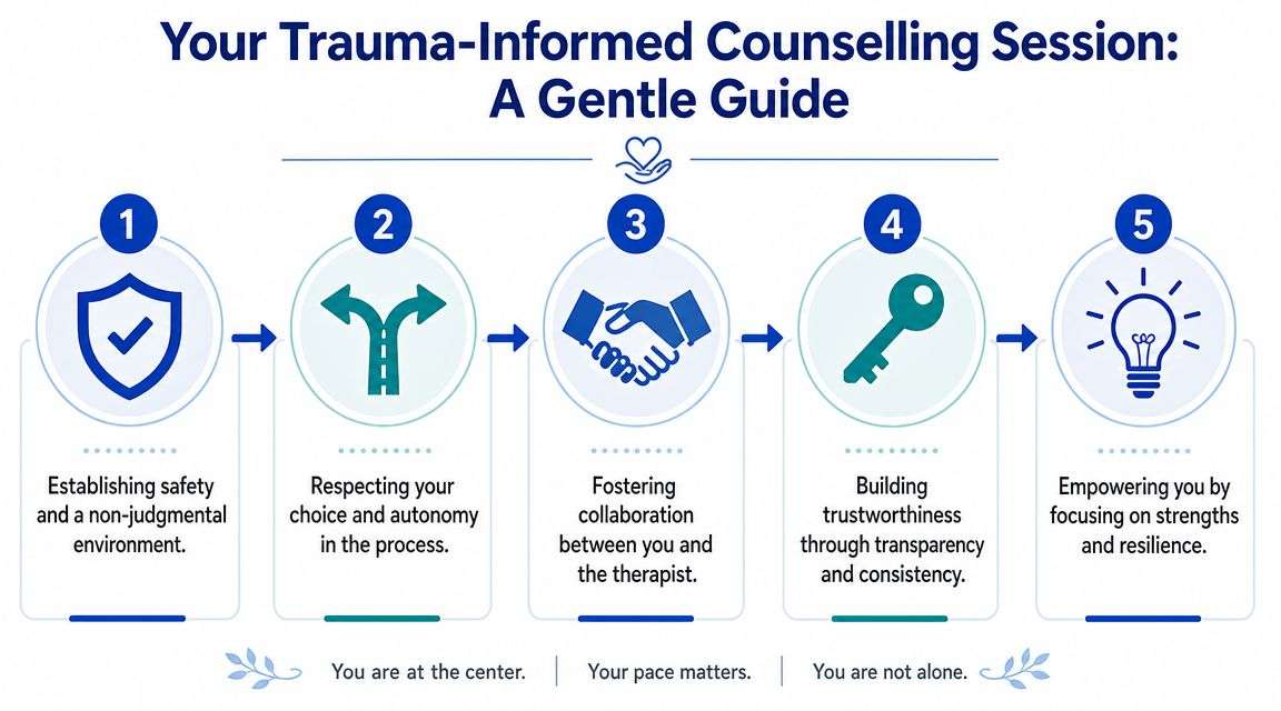 A five-step guide detailing the principles of a trauma-informed counselling session, focusing on safety, autonomy, and collaboration.