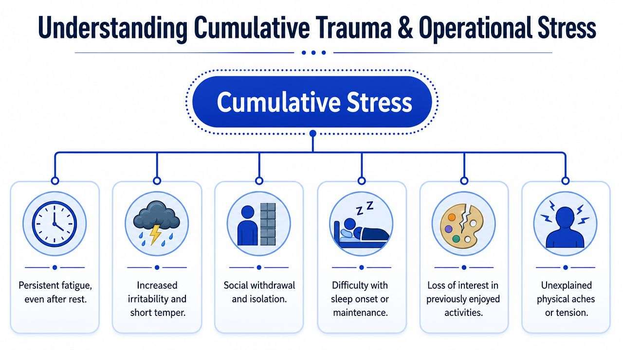 An infographic showing six symptoms of cumulative stress in first responders, including fatigue, irritability, and isolation.