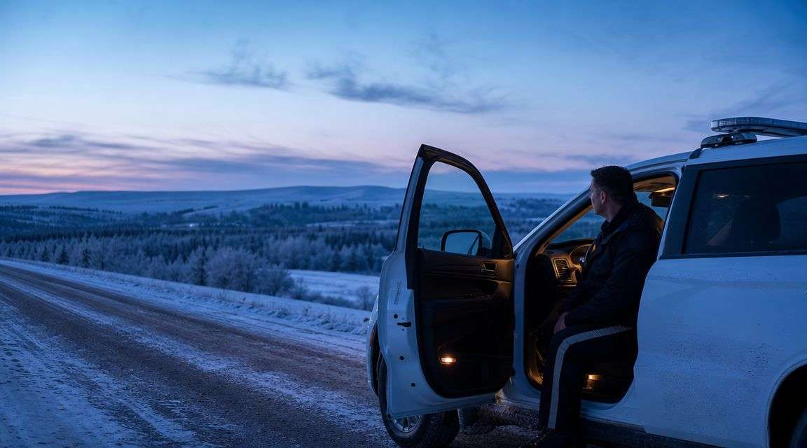 An RCMP officer sits in a patrol vehicle parked on a snowy road during a cold winter sunrise.