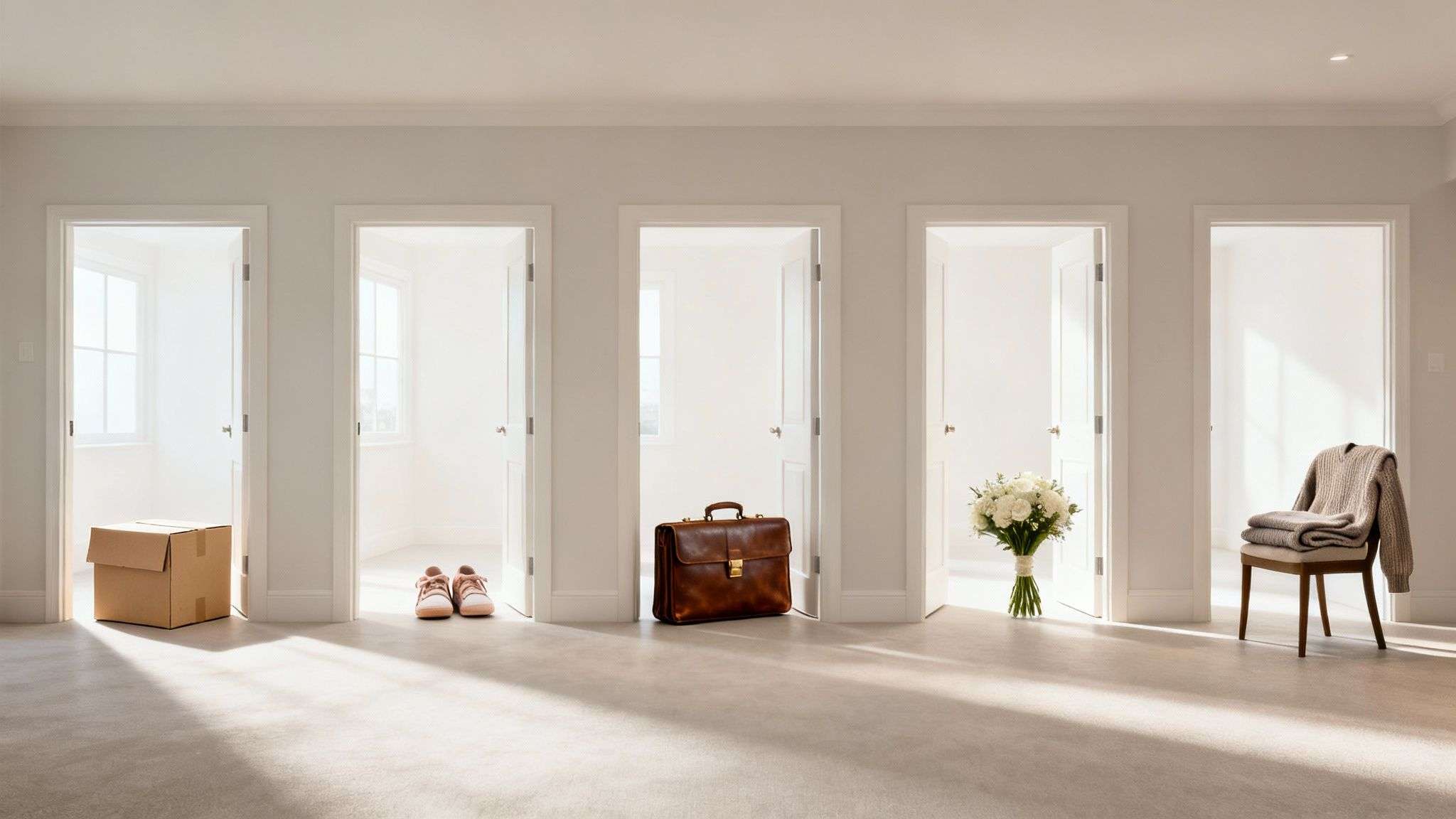 Five open doors in a hallway, each with a symbolic object representing life choices and transitions.