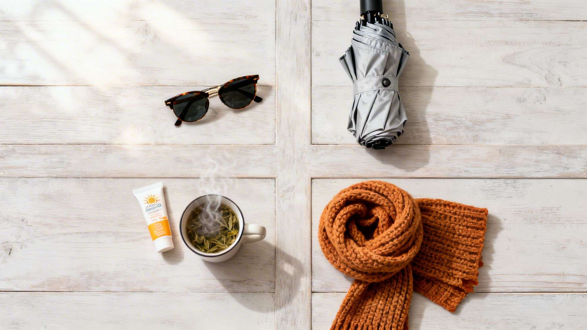 Flat lay of seasonal items including sunglasses, umbrella, sunscreen, steaming tea, and an orange scarf.
