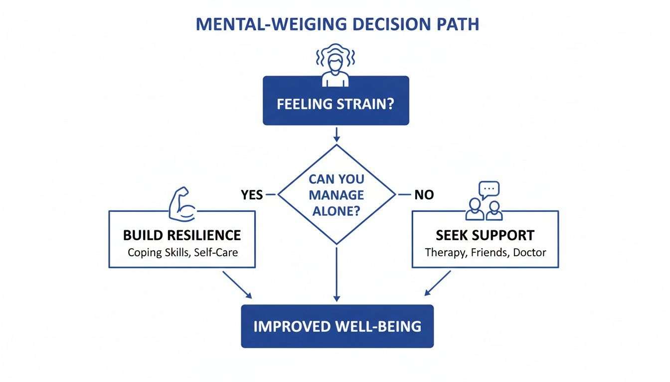 Flowchart for managing mental strain, deciding between self-care or seeking support for well-being.