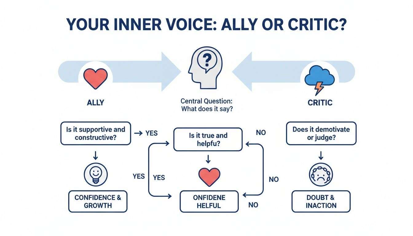 Flowchart guiding one to determine if their inner voice is an ally or critic, leading to growth or inaction.