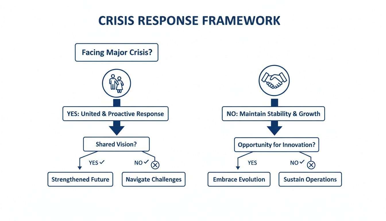 Flowchart illustrating a crisis response framework with decision paths for crisis and non-crisis scenarios.
