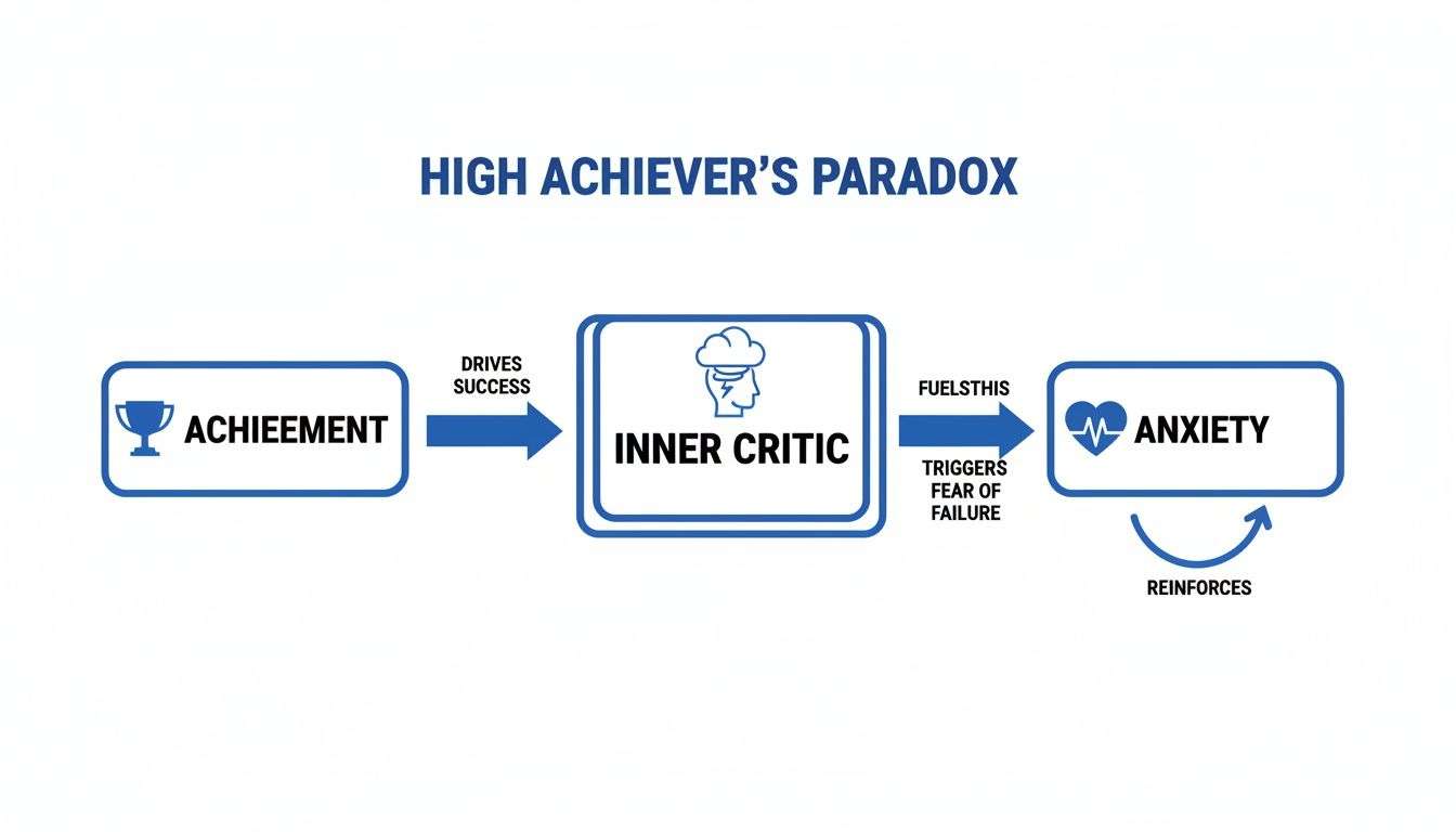 Flowchart illustrating the High Achiever's Paradox: achievement drives the inner critic, which fuels anxiety and triggers fear of failure, reinforcing the cycle.