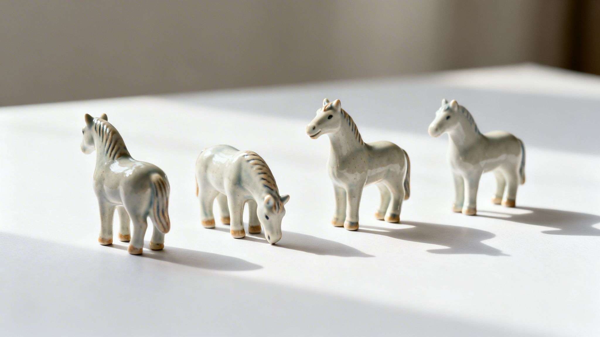 Four light-coloured ceramic horse figurines with shadows on a bright white surface.