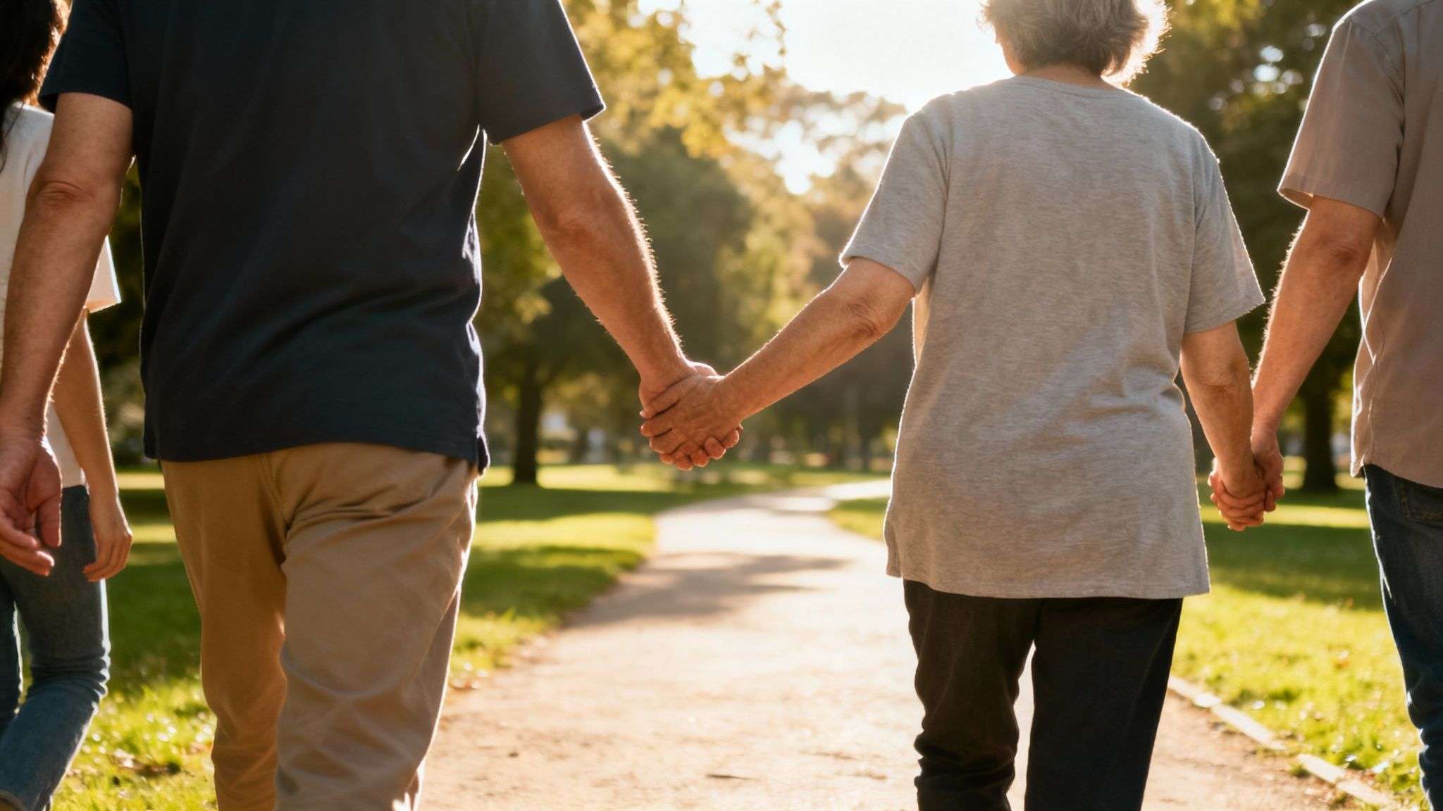 Four people, including two seniors, walk hand-in-hand down a sunlit park path, showing family togetherness.