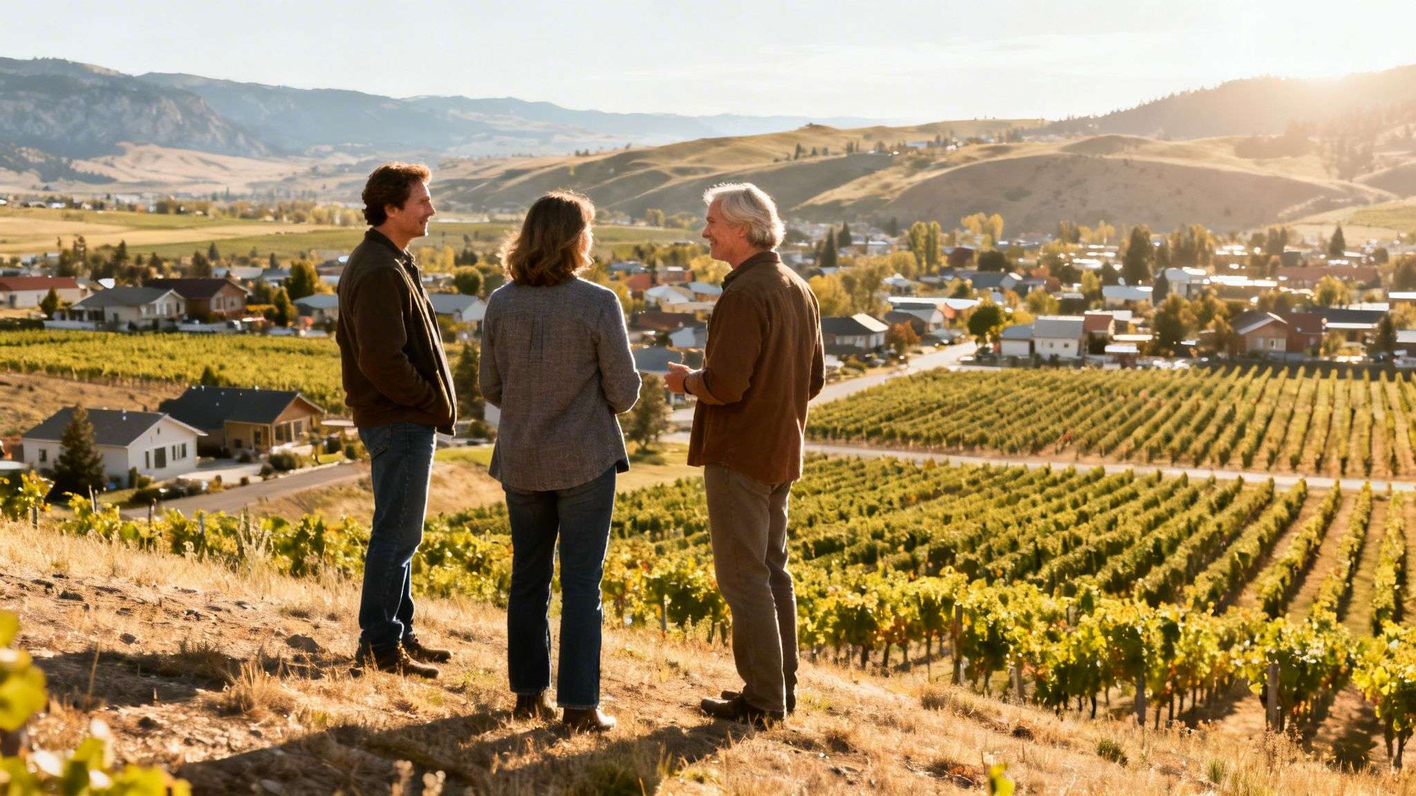 Friends converse while admiring a vast vineyard, small town, and mountains at sunset.