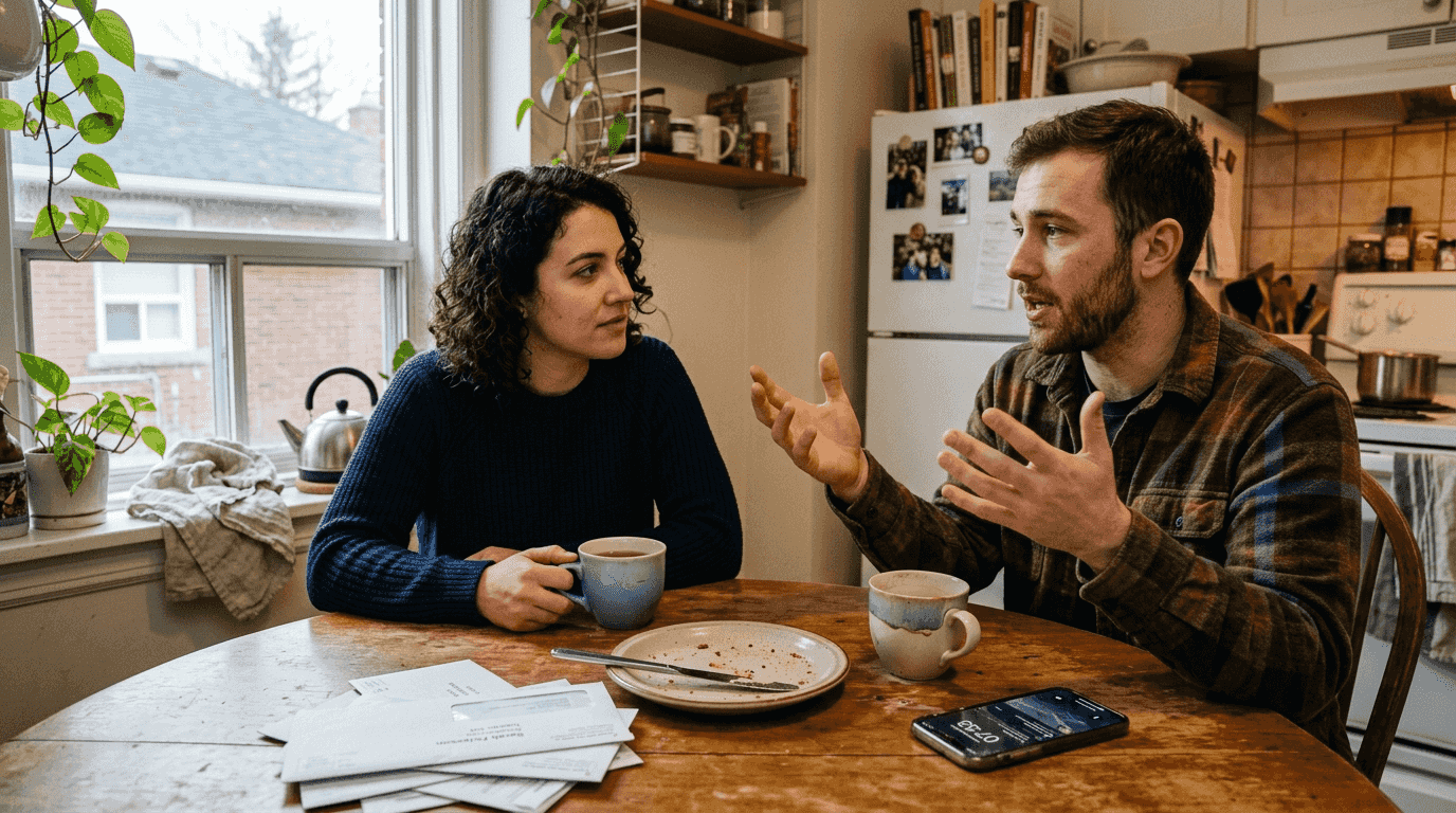 Friends discussing at kitchen table