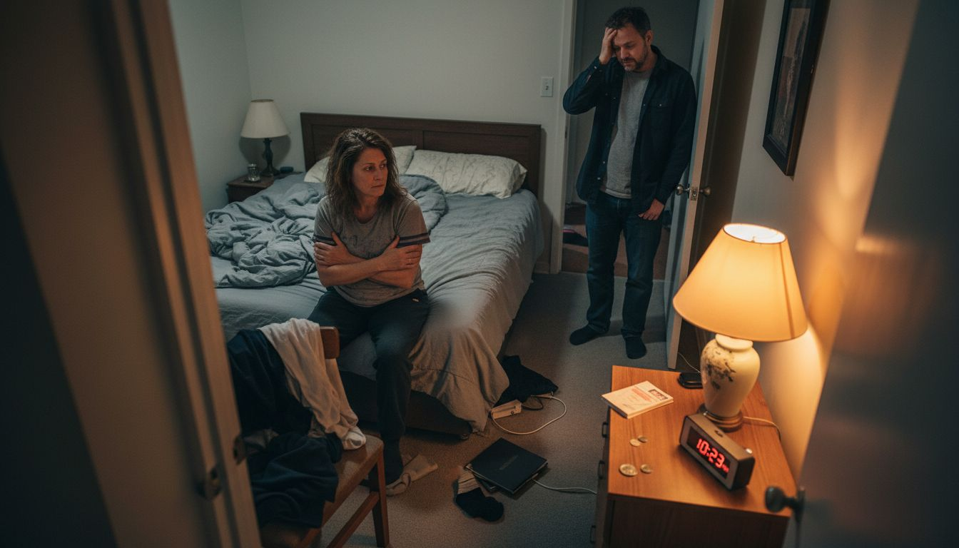 Frustrated couple in dim bedroom