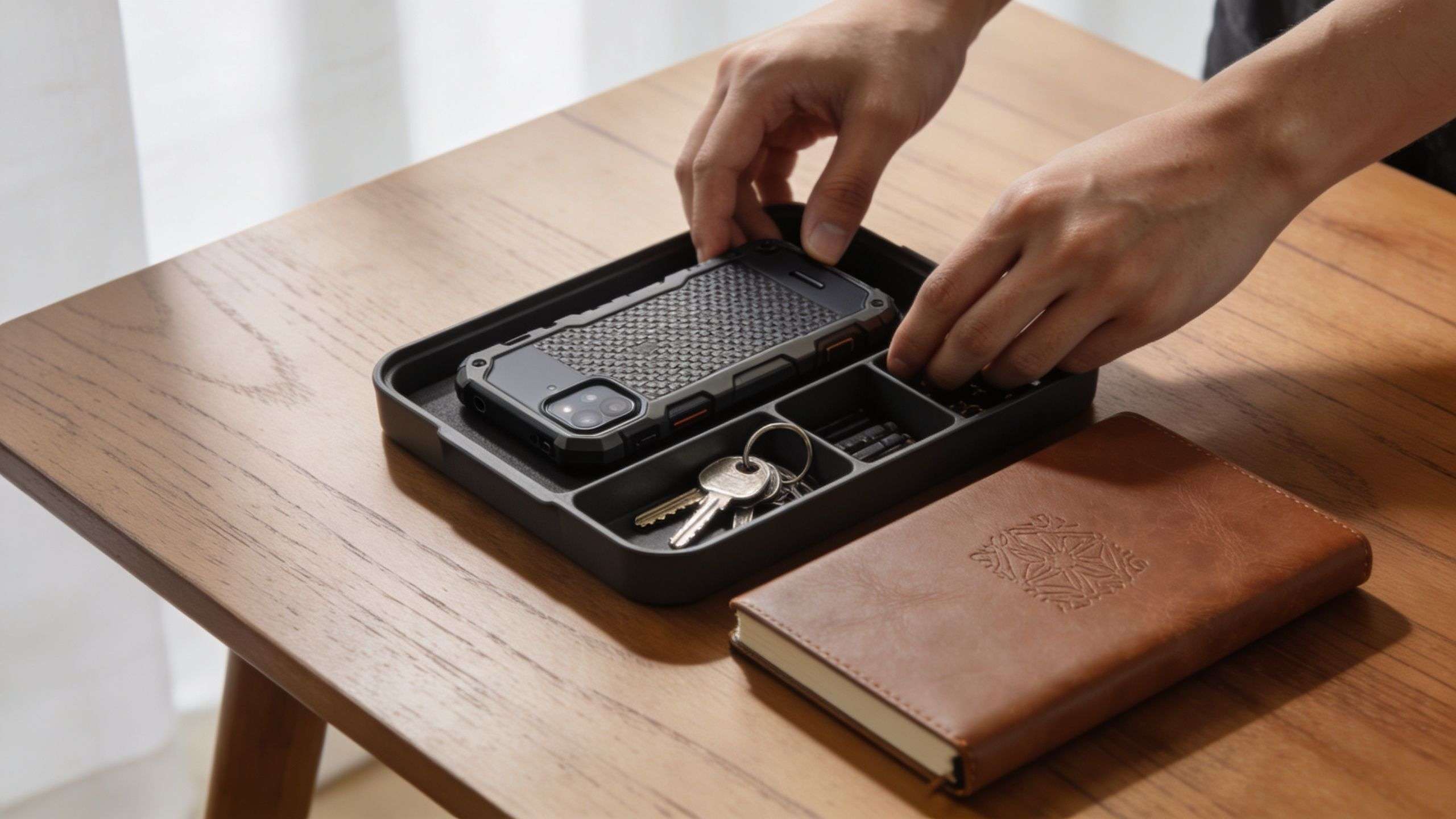 A person organizing a smartphone, keys, and accessories into a desk organizer on a wooden table.