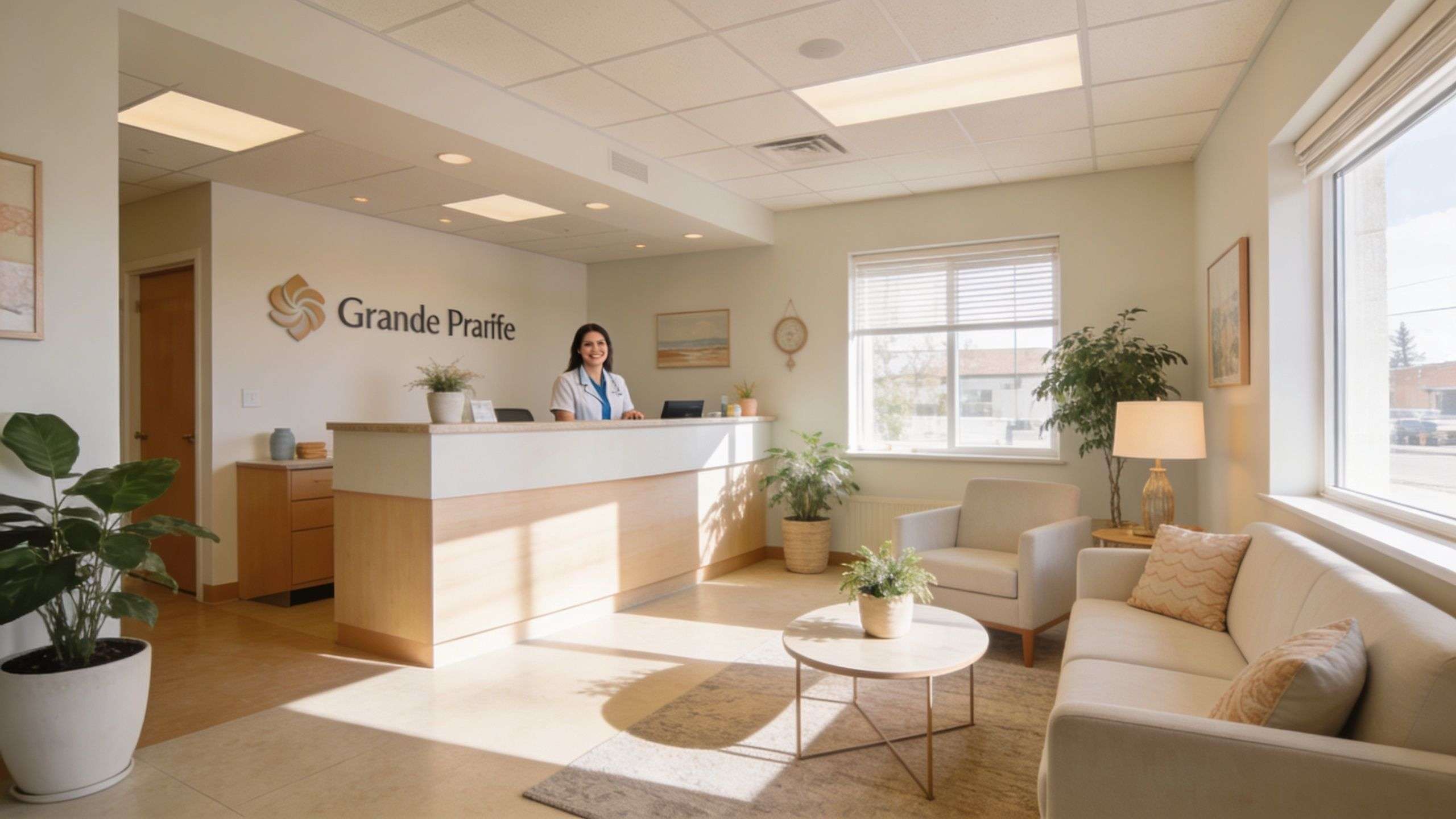 A friendly receptionist sits behind a modern, well-lit medical office desk in a bright, welcoming waiting area.
