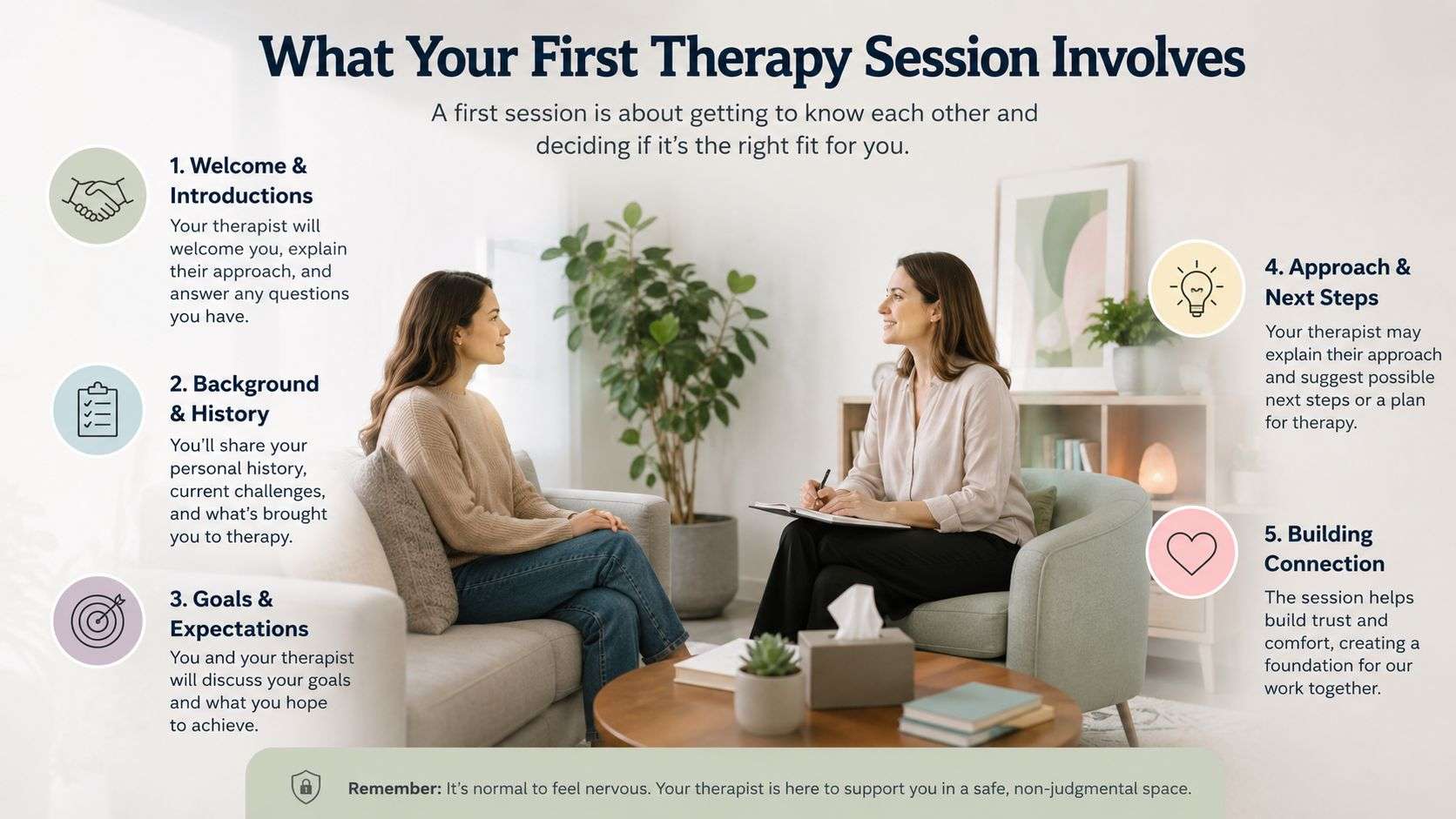 A woman talking to a therapist in a comfortable office to discuss what happens during therapy sessions.