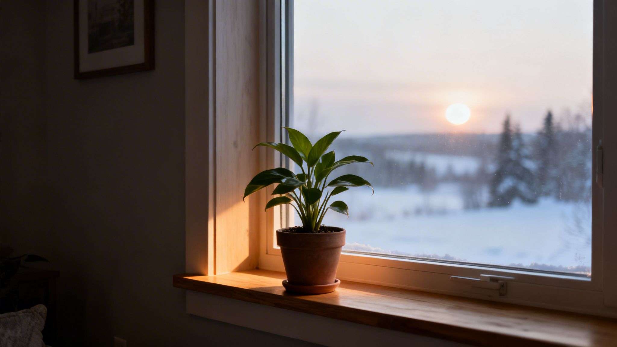 Green houseplant in a terracotta pot on a wooden window sill, overlooking a snowy winter sunset.