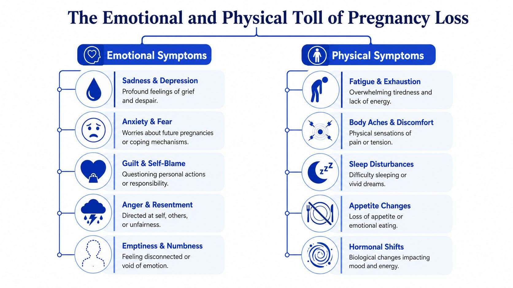 An infographic titled The Emotional and Physical Toll of Pregnancy Loss detailing various symptoms for each category.
