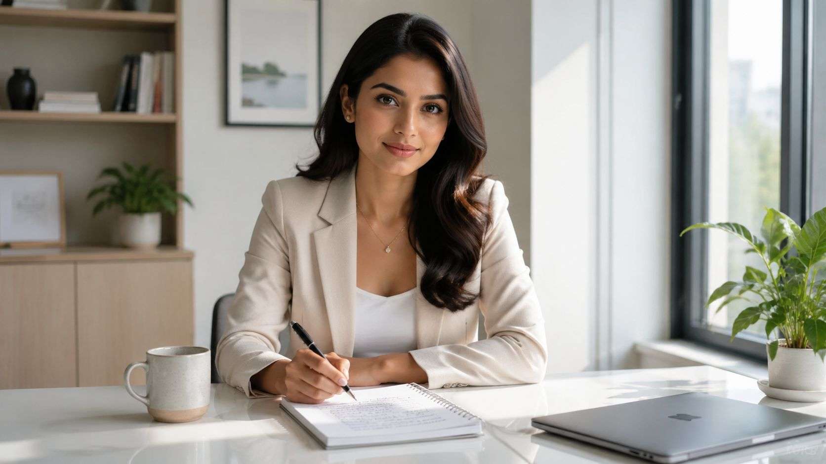 A professional woman writing in a notebook at her bright, modern desk in a home office.