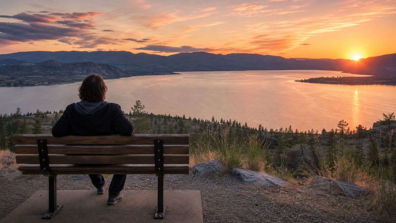A person sits on a bench overlooking Skaha Lake in Penticton during a beautiful orange sunset.