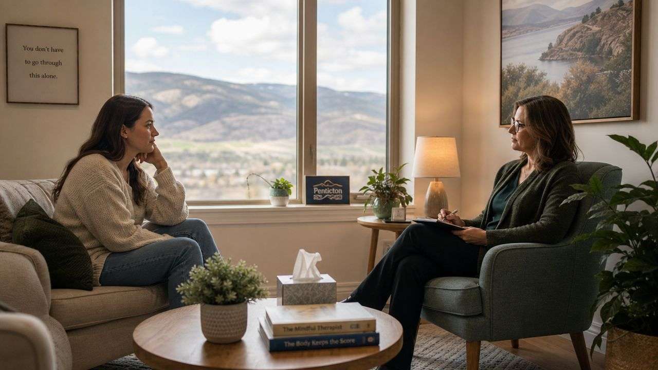 A woman sits on a sofa talking to a female therapist in a bright, peaceful counselling office.