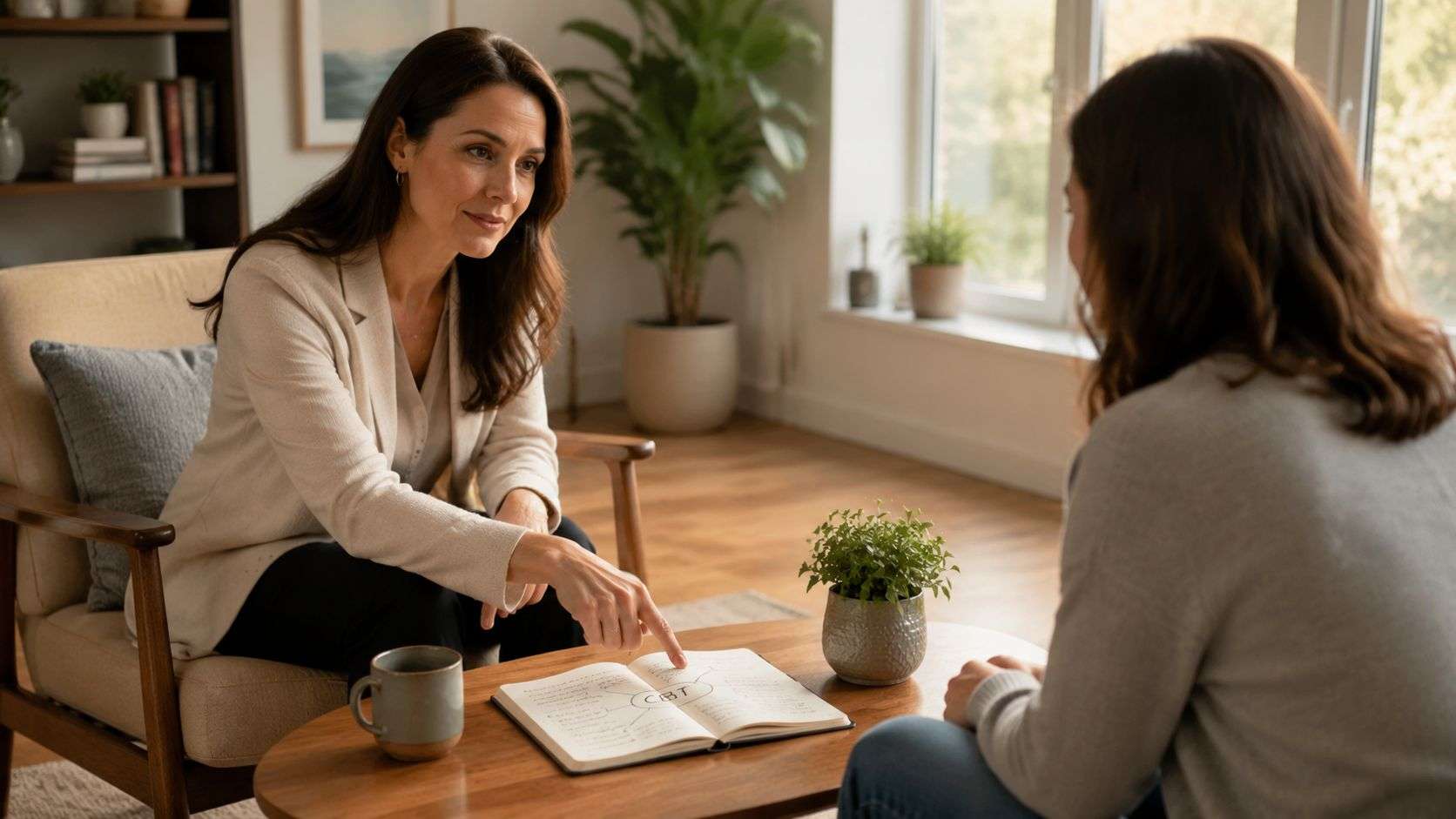 A professional therapist points to a notebook with a CBT diagram while talking to a client.