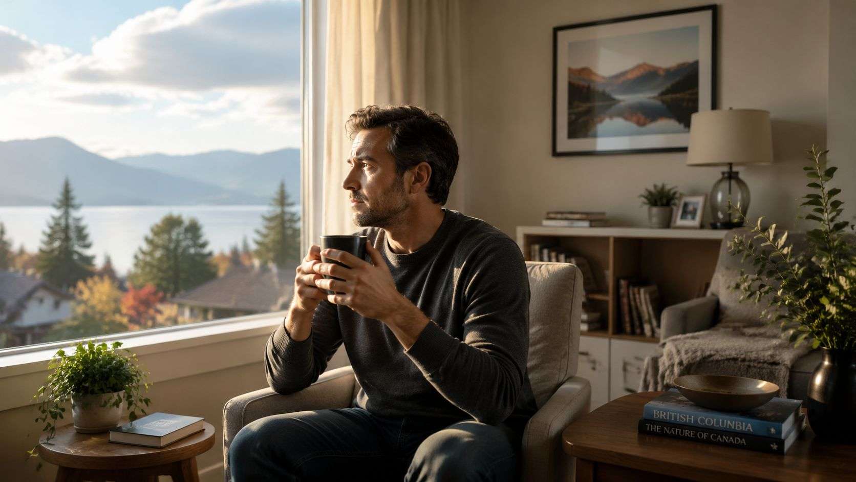 A man sits in an armchair by a window, thoughtfully holding a coffee mug while overlooking mountains.
