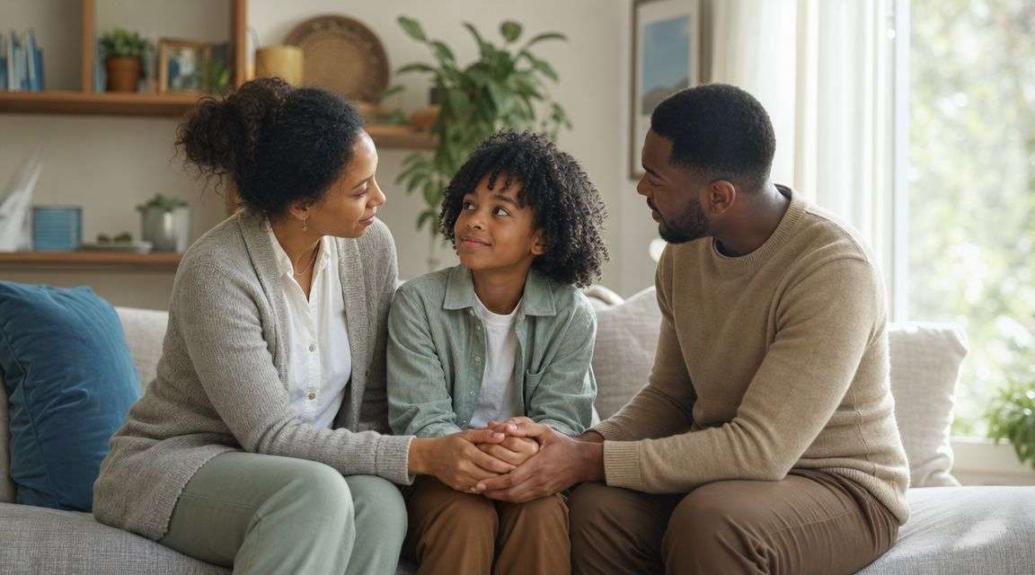 A supportive family sits together on a couch, holding hands and communicating with love and care.