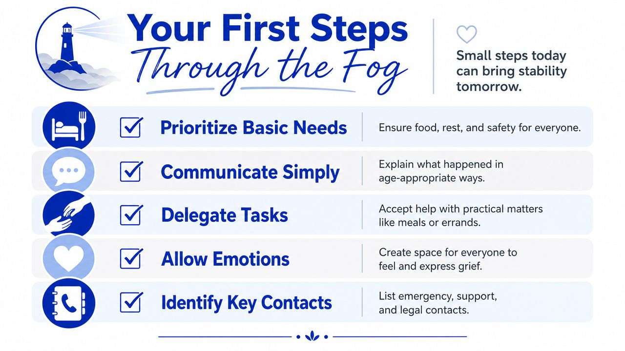 An infographic titled Your First Steps Through the Fog, outlining five practical steps for managing family grief.