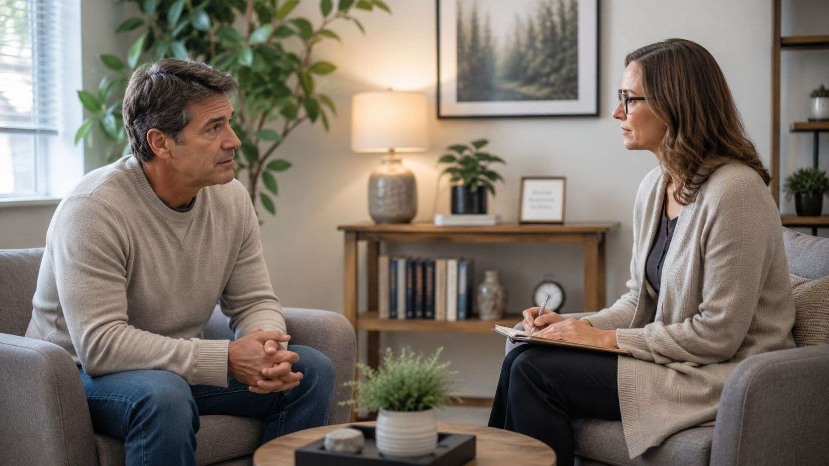 A professional therapist sitting in an office chair having a supportive conversation with a grieving male client.
