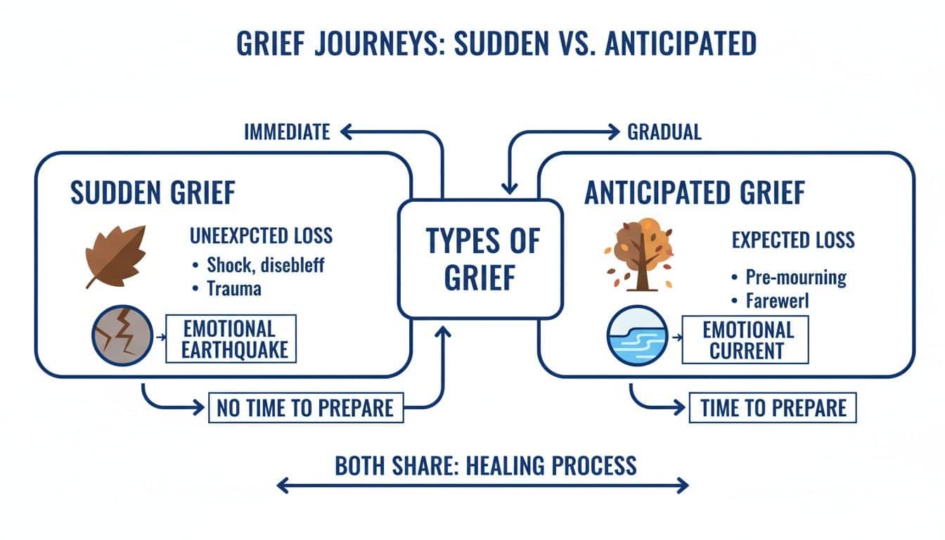 Infographic comparing sudden grief (unexpected loss, emotional earthquake) and anticipated grief (expected loss, emotional current), both sharing a healing process.