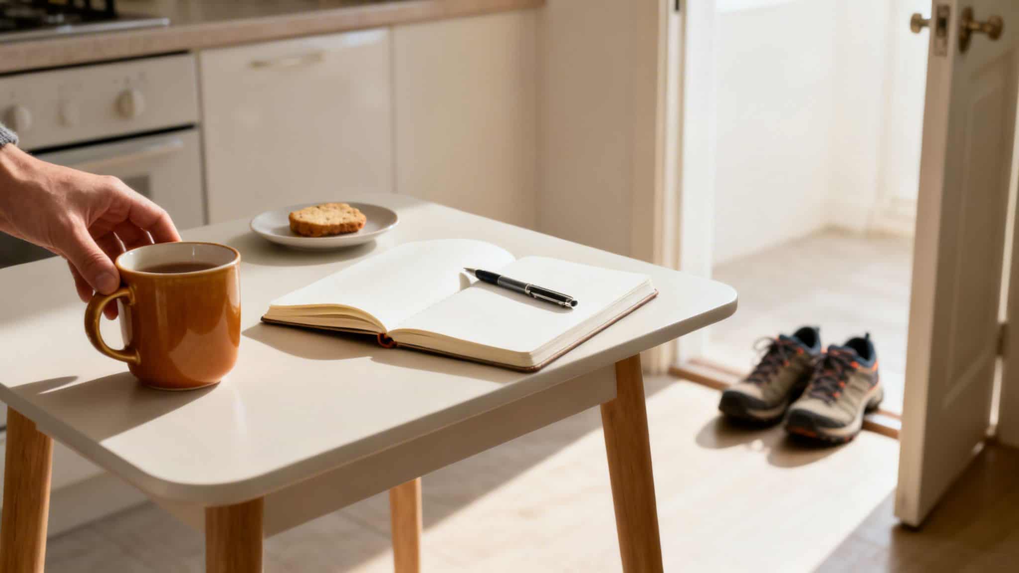 A hand reaches for a warm drink next to a notebook and cookie, with shoes in the background.